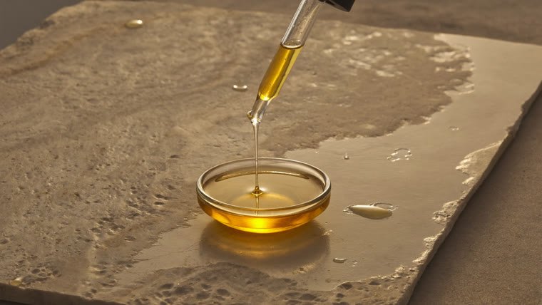 Huile d'argan versée dans une coupelle en verre à contre-jour, sa couleur dorée bien visible
