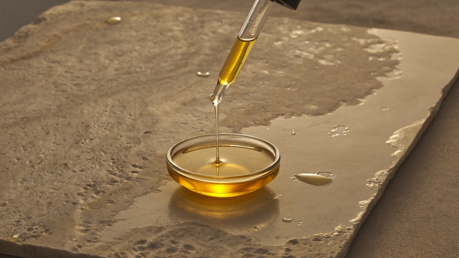 Huile d'argan versée dans une coupelle en verre à contre-jour, sa couleur dorée ambrée bien visible