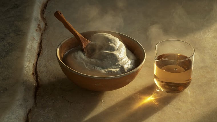 Ghassoul de l'Atlas mélangé en pâte lisse dans un bol en céramique, avec une cuillère en bois et une carafe d'eau tiède