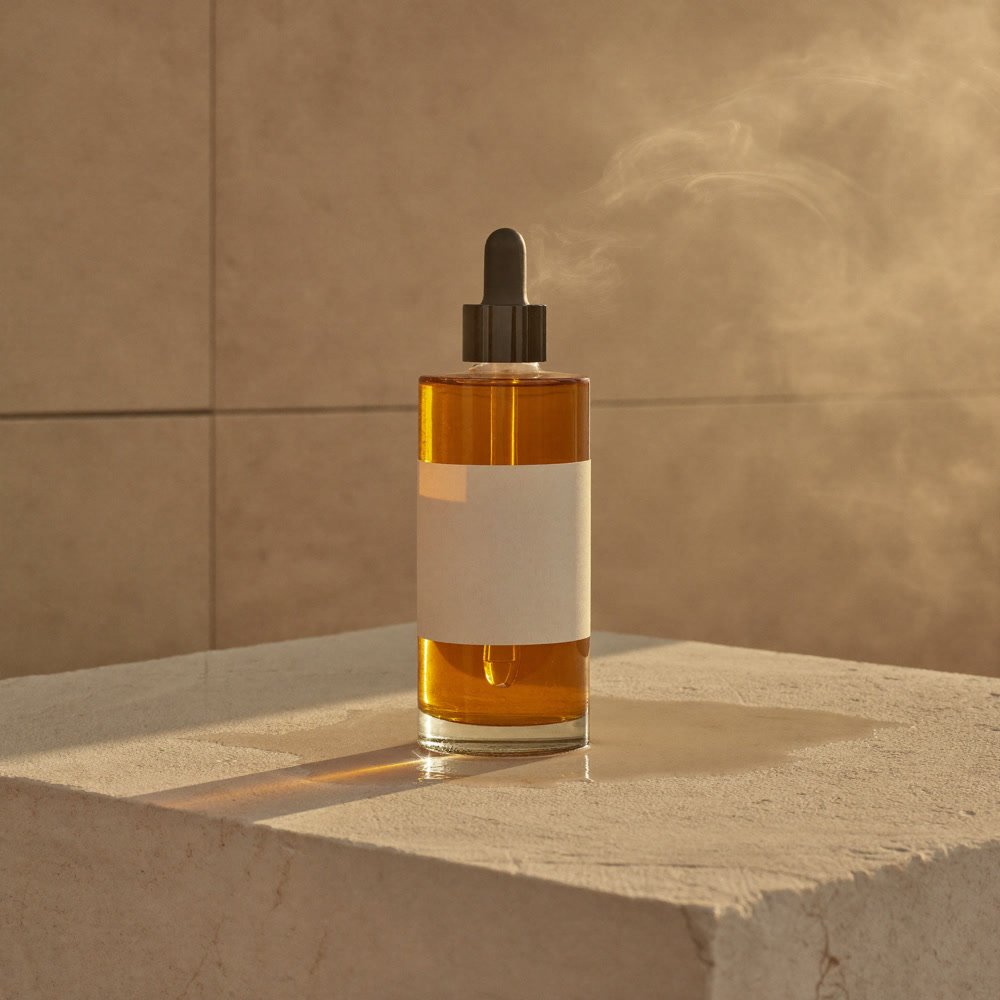 Flacon en verre ambré d'huile d'argan pure 100 ml avec pipette, posé sur la pierre claire d'un hammam