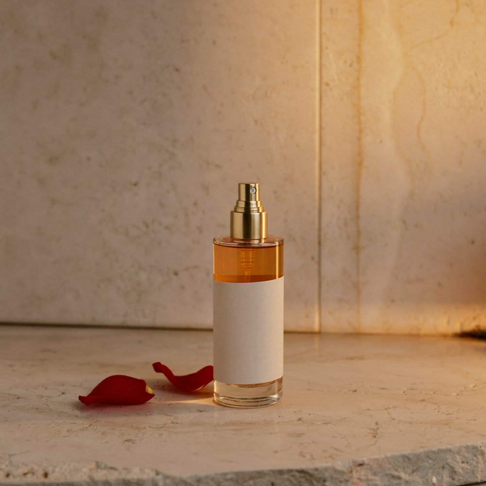 Flacon vaporisateur d'eau de rose de Kelâat M'Gouna et pétales de rose sur la pierre claire