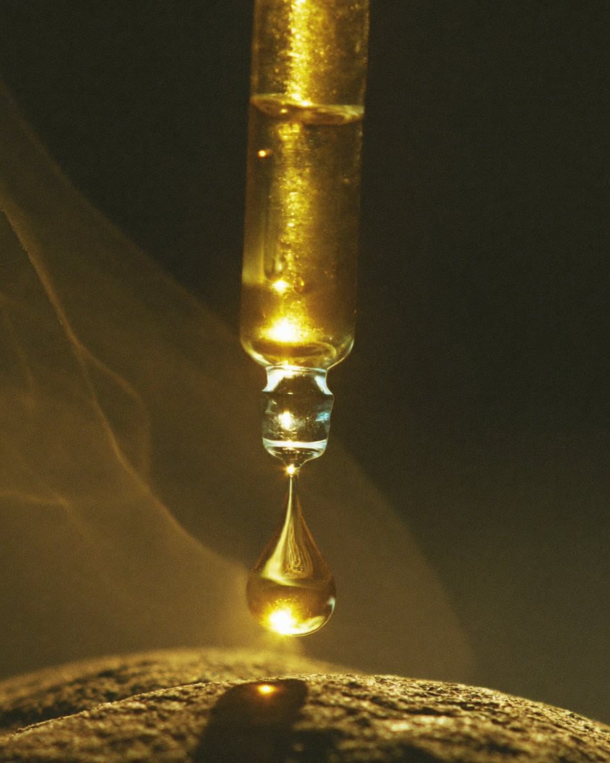 Goutte d'huile d'argan dorée suspendue à une pipette en verre, éclairée à contre-jour